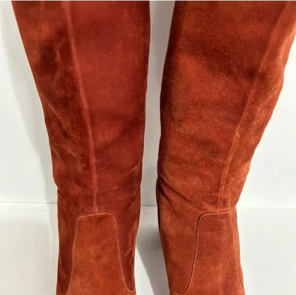 Beautiful 1970s Knee Boots, Genuine Suede Burnt Orange Stacked Heel Size 6 - Picture 11 of 16